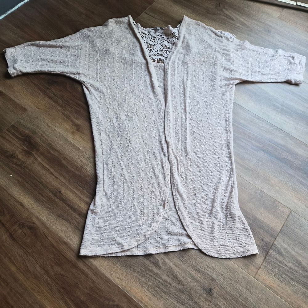 Charlotte Russe Beige Pointelle Knit Crochet Lace Back Open Cardigan Womens M